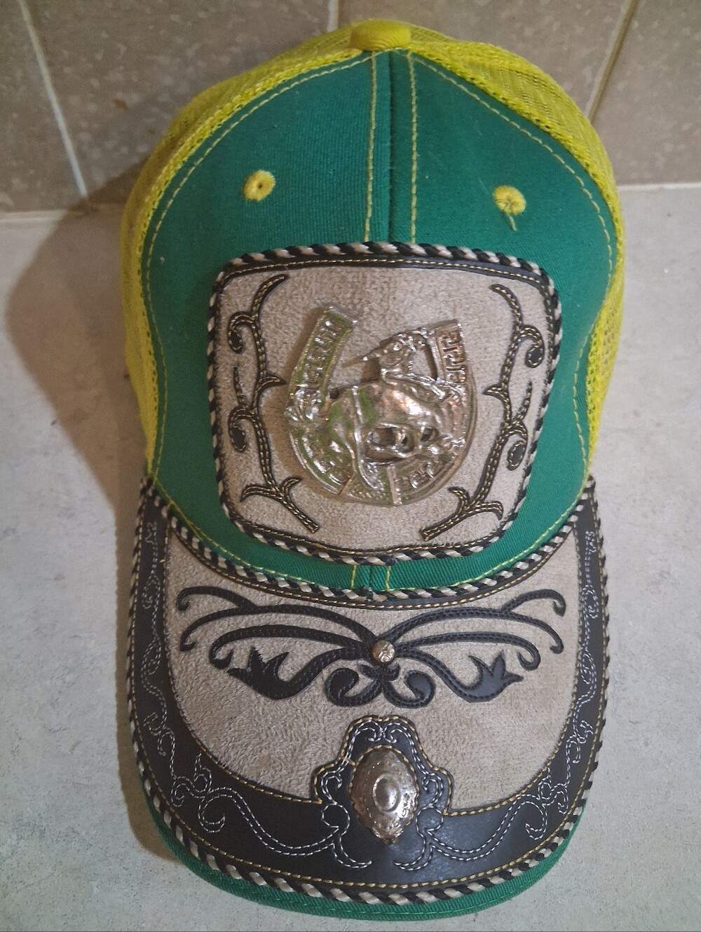 Green & Yellow Trucker Hat, Mesh Back Adjustable, Western Horseshoe Patch
